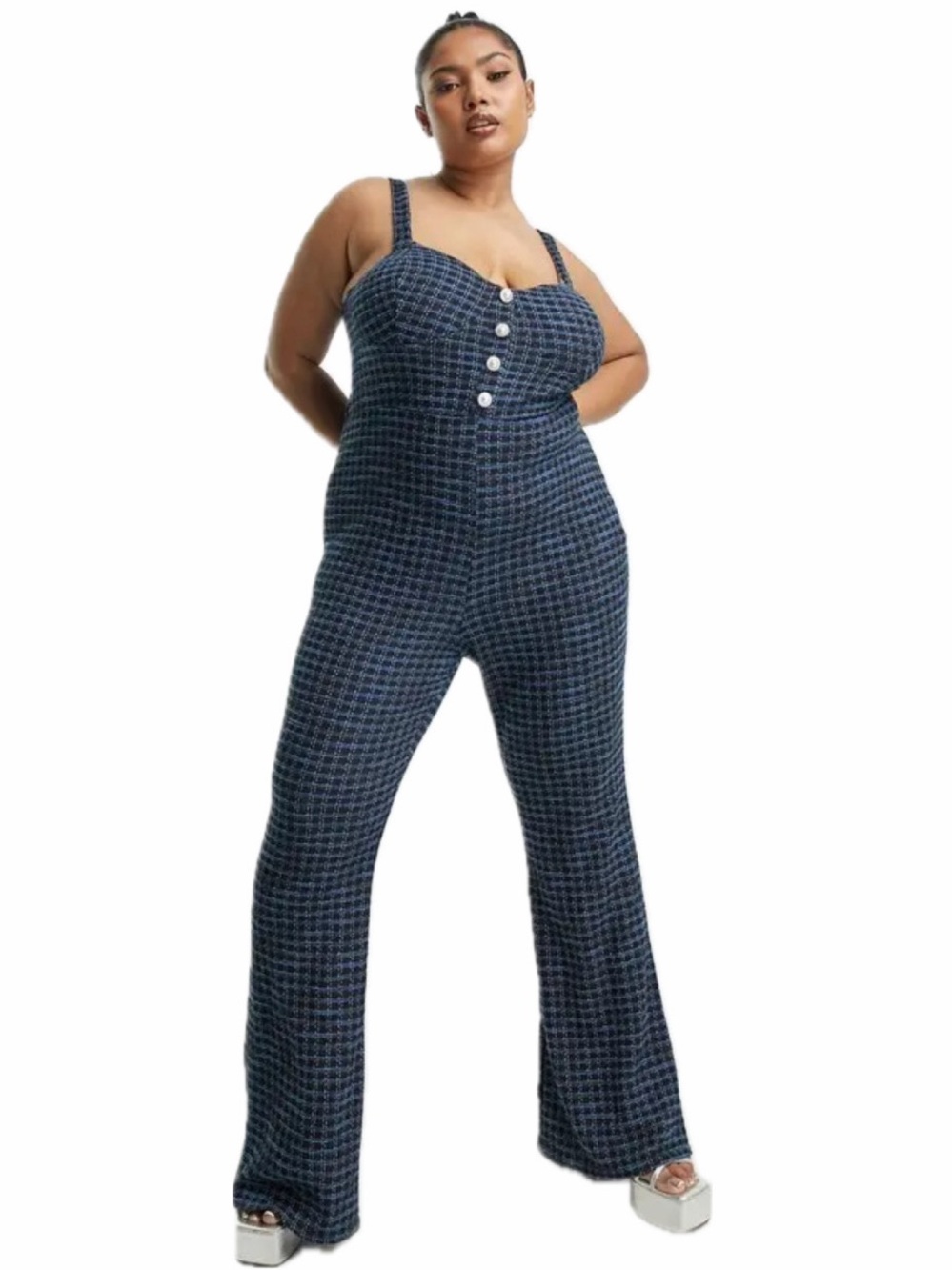 ASOS CURVE WOMEN 20 BUTTON FRONT TWEED JUMPSUIT BLUE MULTI NWT